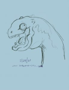 Sketch of A google-eyed dragon with short teeth and thick lips